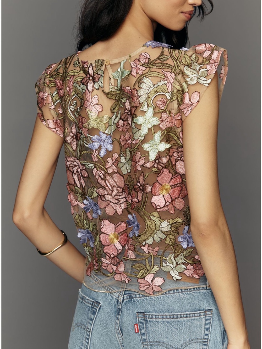 Dolan left coast Embroidered Floral Sheer Cap-Sleeve Top in Blush Multi size s - Picture 3 of 8